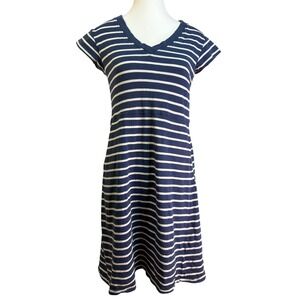 Pact T-Shirt Dress Womens Small Navy Blue White Striped Organic Cotton V-Neck